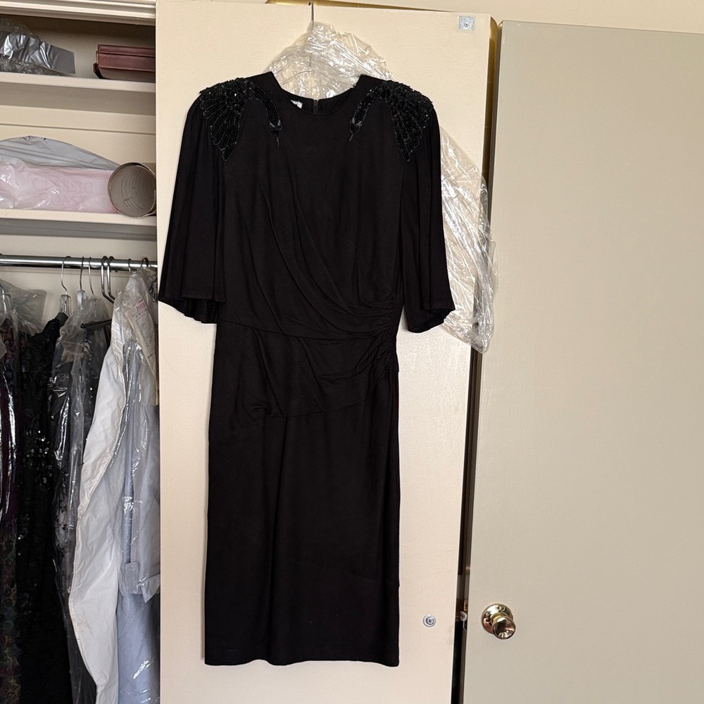 Black Beaded Shoulder Midi Dress - Women